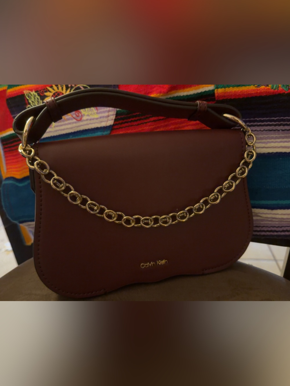 Calvin Klein Burgundy Shoulder Bag with Gold Chain